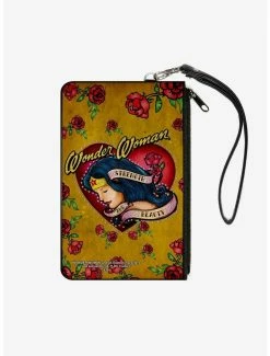 Brand new 😍 DC Comics Studded Wonder 👩 Woman Heart Strength And Beauty Tattoo Wallet Canvas Zip Clutch ⭐