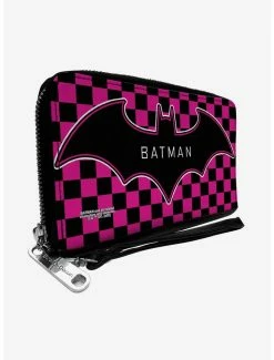 Promo 💯 DC Comics Batman Bat Logo Checker Fuchsia Black Zip Around Rectangle Wallet 🎉