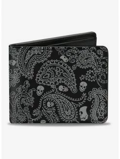 Outlet ❤️ Bandana Skull Print Bifold Wallet Black Silver ❤️