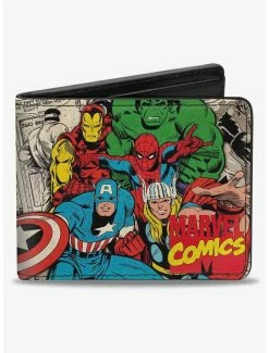 Best deal 🔔 Marvel 5 Avengers Group Marvel Comics Logo Stacked Comic Scenes Bifold Wallet 👏